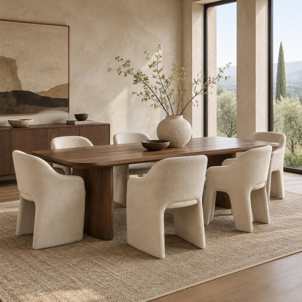 Walnut dining table surrounded by sculptural upholstered chairs