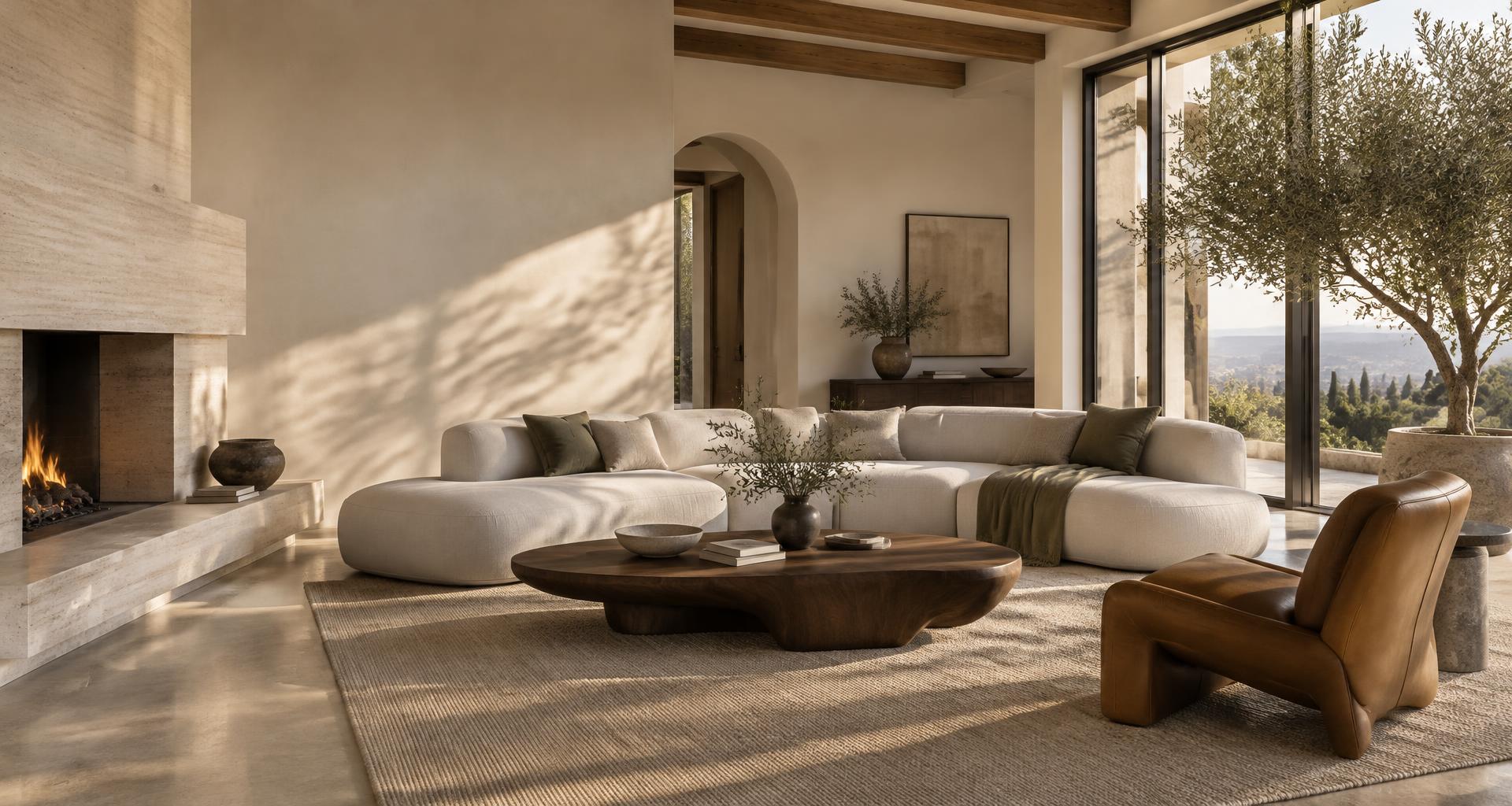 An inviting living room with a sculptural linen sofa and walnut coffee table